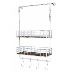 Krémová antik kovová nástěnná polička s háčky Old Shelf - 48*18*77 cm