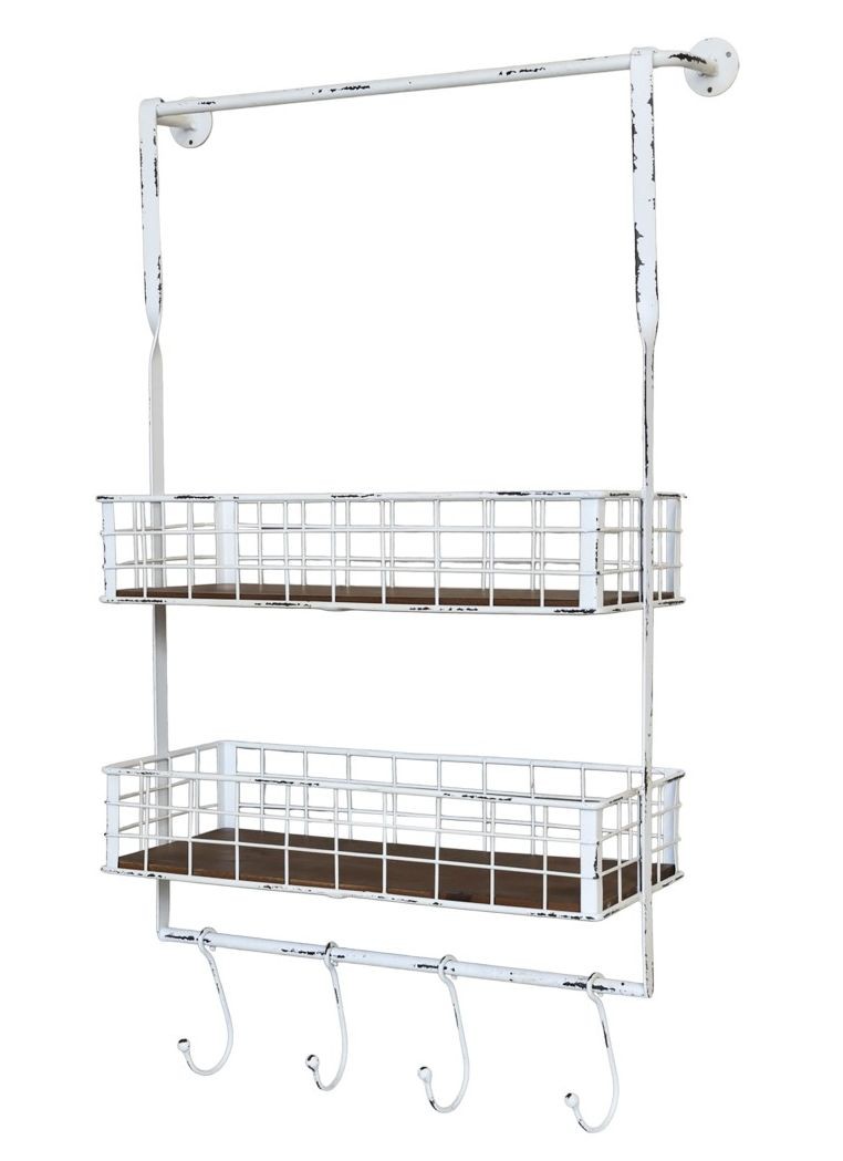 Krémová antik kovová nástěnná polička s háčky Old Shelf - 48*18*77 cm