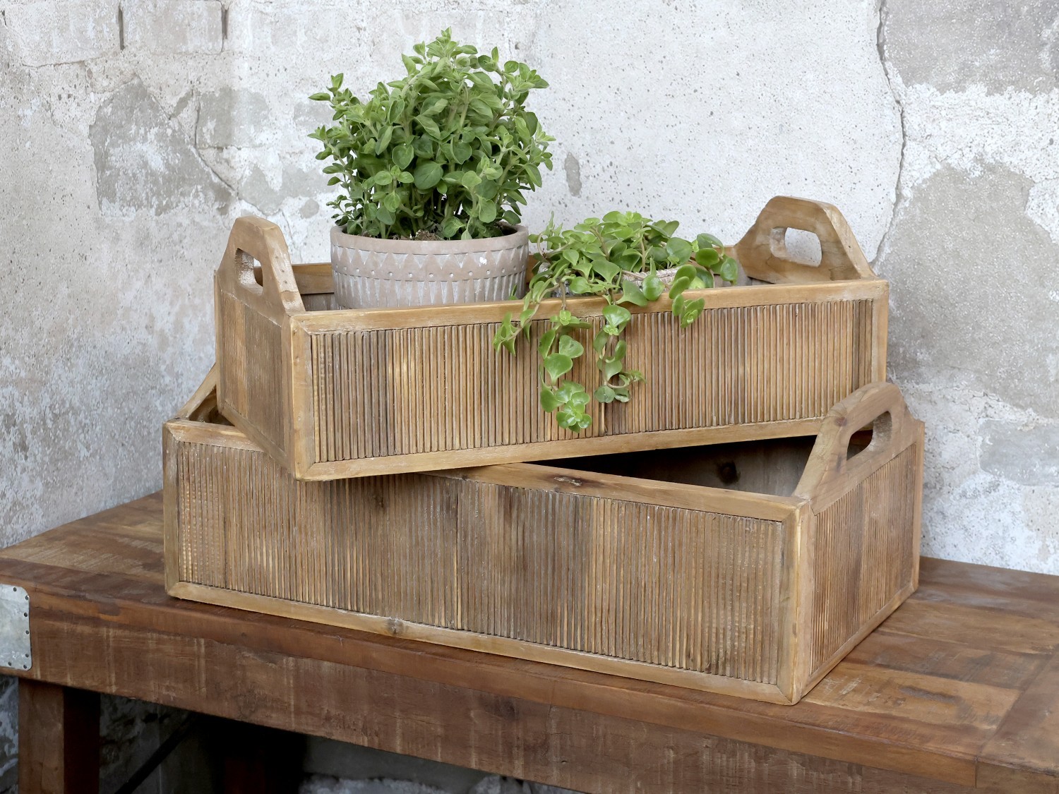 2ks hnědý antik dřevěný box / podnos s uchy Unit - 48*28*18/ 43*23*15 cm