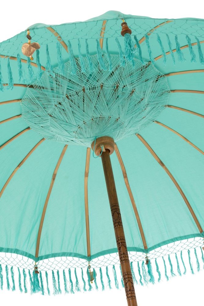 Modrý slunečník s třásněmi a dřevěnou tyčí Dayu Wood - ∅ 200*260 cm