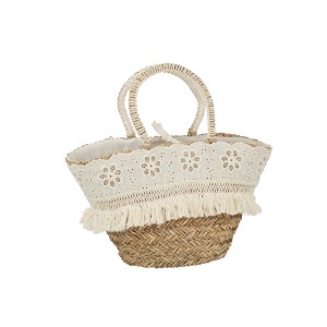 Plážová taška z mořské trávy s kytičkovou krajkou Beach Bag Lace - 59*16*30 cm
