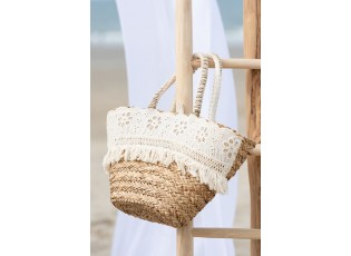 Plážová taška z mořské trávy s kytičkovou krajkou Beach Bag Lace - 59*16*30 cm