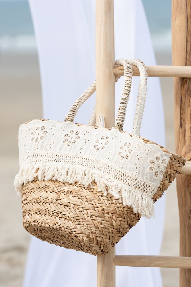 Plážová taška z mořské trávy s kytičkovou krajkou Beach Bag Lace - 59*16*30 cm