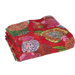 Veliká červená bavlněná plážová deka s květy a prošíváním Beach Plaid - 270*220*0,5 cm