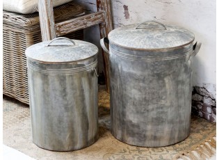 2ks kulatý plechový zinkový antik kbelík s víkem Planters - Ø 36*49/ Ø 30*44 cm