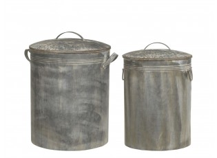 2ks kulatý plechový zinkový antik kbelík s víkem Planters - Ø 36*49/ Ø 30*44 cm