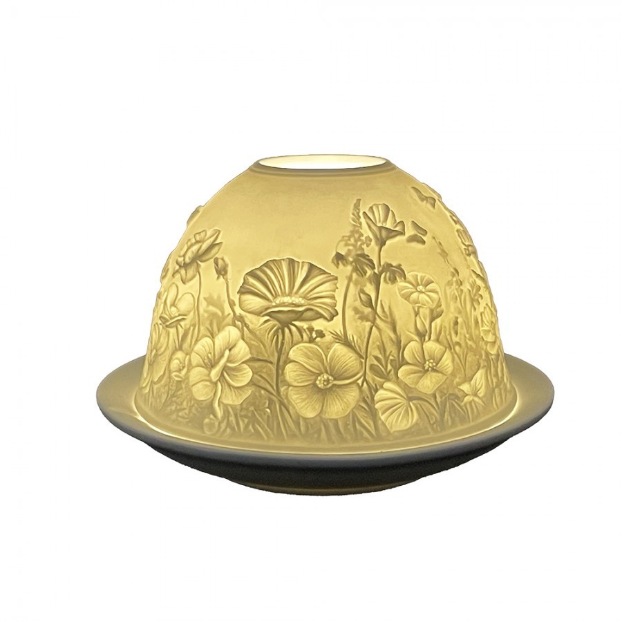 Bílý porcelánový svícen na čajovou svíčku s květinami Paollo - Ø 12 * 8 cm