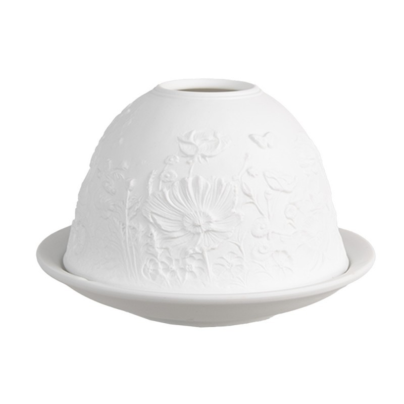 Bílý porcelánový svícen na čajovou svíčku s květinami Paollo - Ø 12 * 8 cm