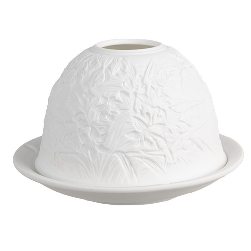 Bílý porcelánový svícen na čajovou svíčku s květinami a ptáčky Paollo - Ø 12 * 8 cm