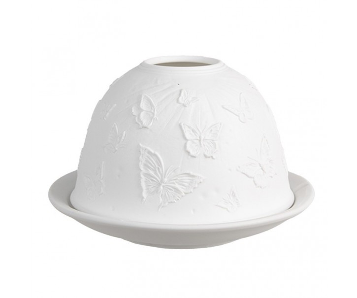 Bílý porcelánový svícen na čajovou svíčku s motýlky Paollo - Ø 12 * 8 cm