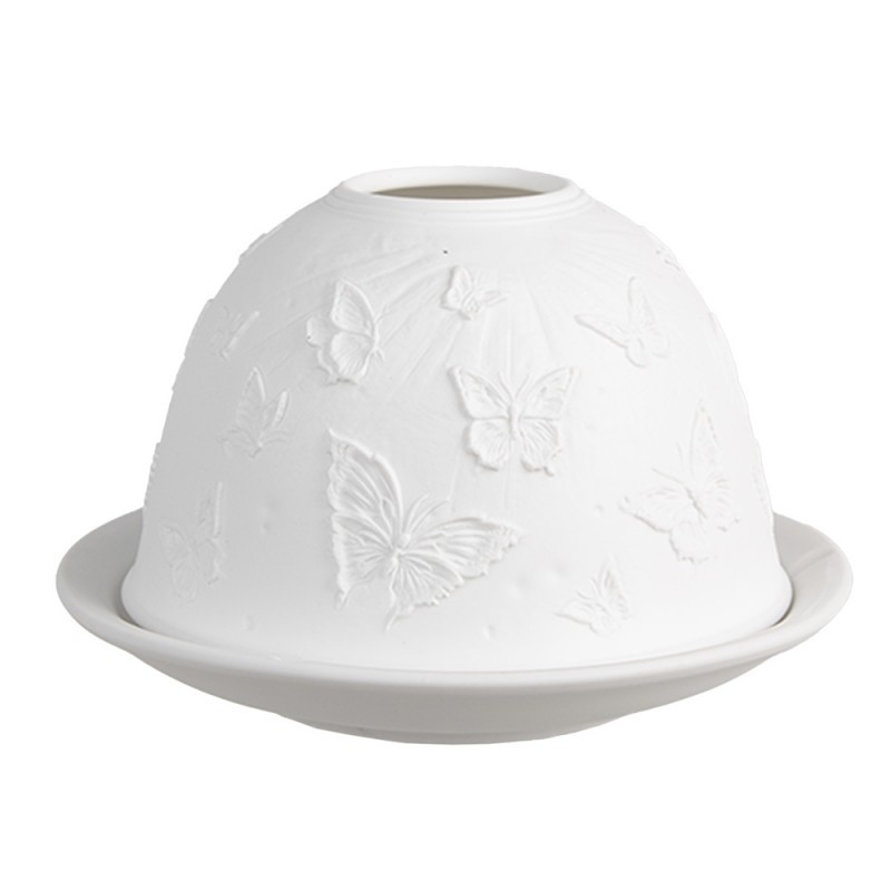 Bílý porcelánový svícen na čajovou svíčku s motýlky Paollo - Ø 12 * 8 cm