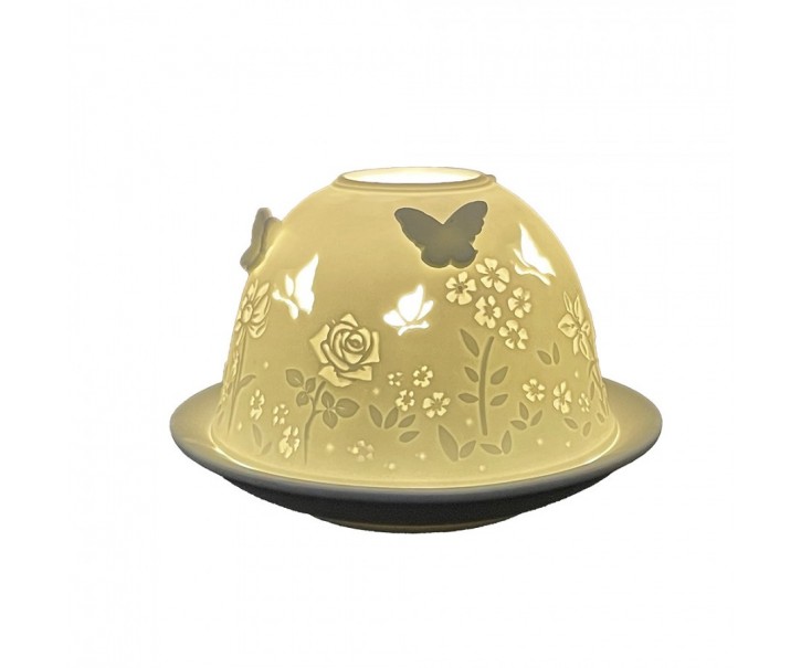 Bílý porcelánový svícen na čajovou svíčku s motýlky a růžemi Paollo - Ø 12 * 8 cm Clayre & Eef