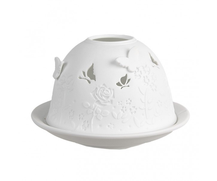 Bílý porcelánový svícen na čajovou svíčku s motýlky a růžemi Paollo - Ø 12 * 8 cm
