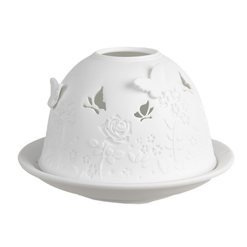 Bílý porcelánový svícen na čajovou svíčku s motýlky a růžemi Paollo - Ø 12 * 8 cm