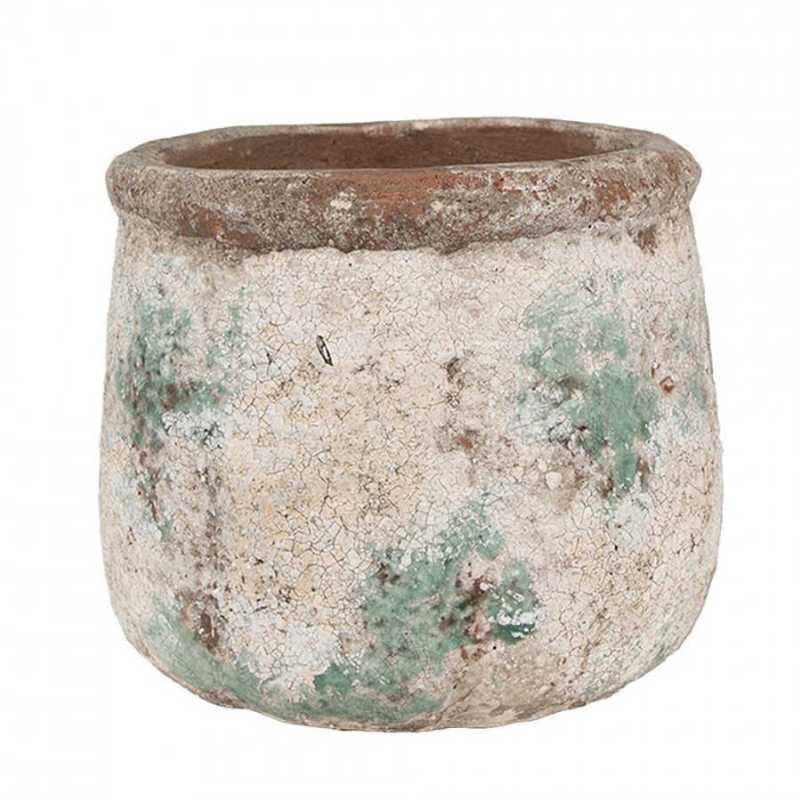 Dekorativní béžovo-zelený antik terakotový květináč Teracci - Ø 16*13 cm Clayre & Eef