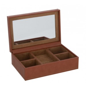 Hnědá šperkovnice z umělé kůže s 5ti přihrádkami - 21*14*7 cm