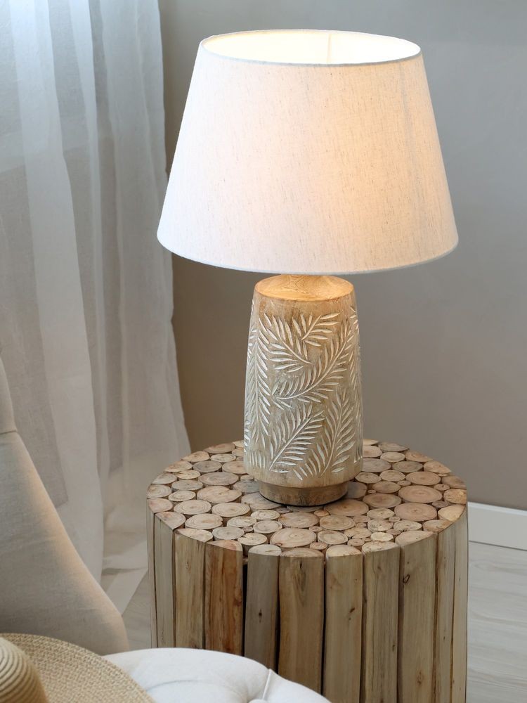 Stolní lampa s dřevěnou základnou a lněným stínidlem Pipp - 37*57 cm/ E27