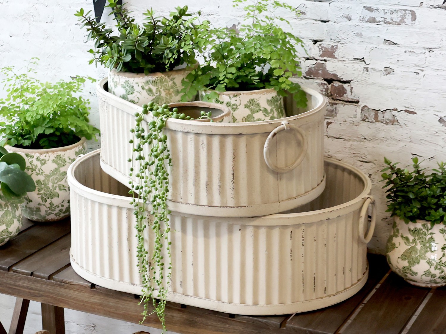 2ks krémový antik plechový obal na květináč Planters - 63*40*18/ 55*35*16 cm