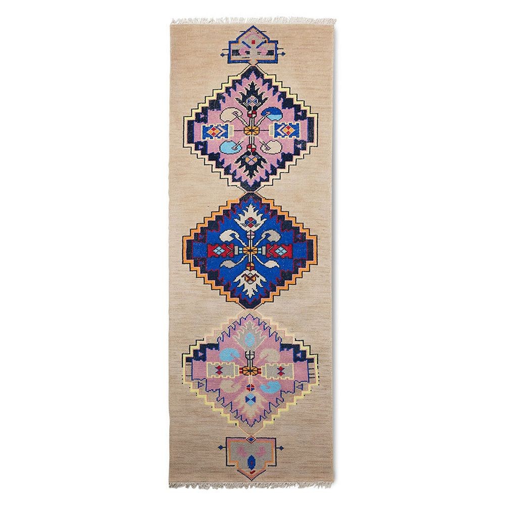 Béžový ručně vázaný vlněný běhoun se vzorem Orient - 90*265 cm