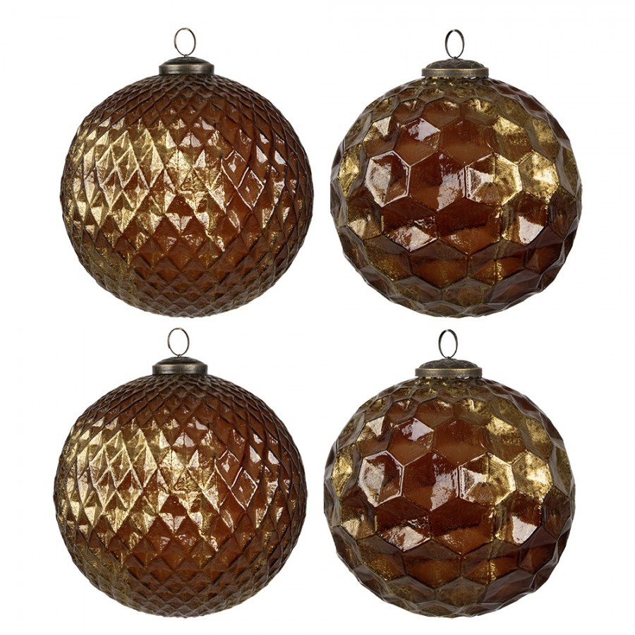 Set 4ks zlatohnědé skleněné vánoční koule se vzorem - 15*15 cm Clayre & Eef Set 4ks zlatohnědé skleněné vánoční koule se vzorem - 15*15 cm Clayre & Eef