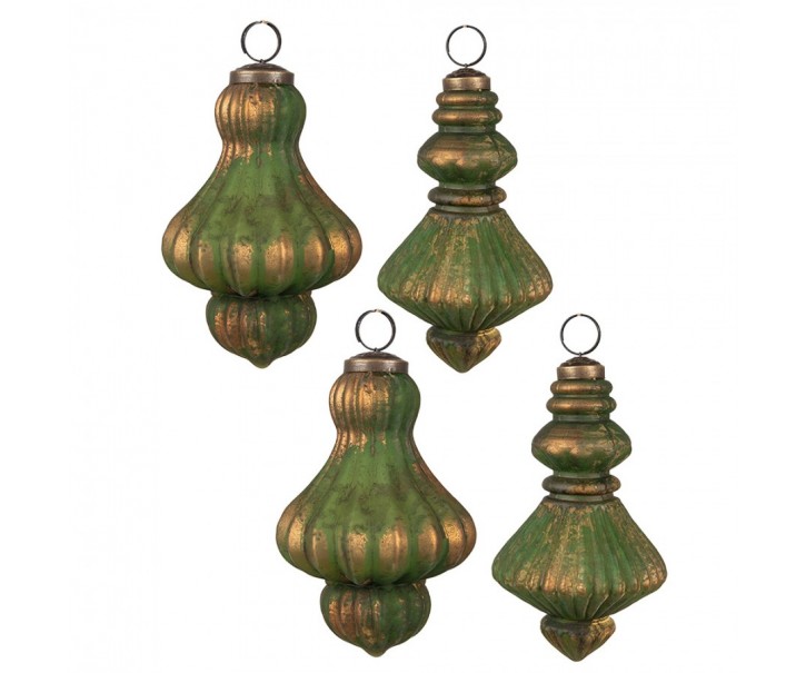 Christmas Bauble Set Of 4 ? 9/8 Cm Brown Green Glass Christmas Tree Decorations - (4) ? 8*15 cm Clayre & Eef