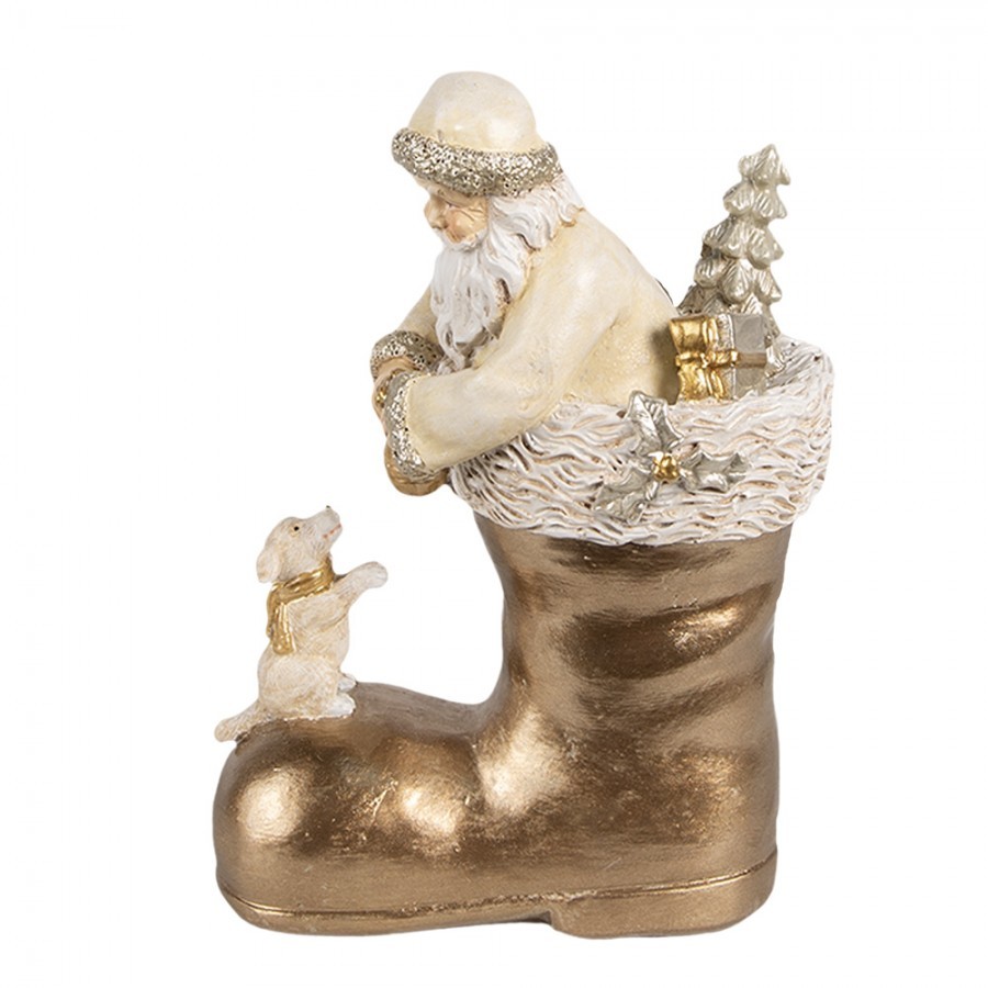 Béžová vánoční dekorace Santa ve zlaté botě - 12*7*16 cm