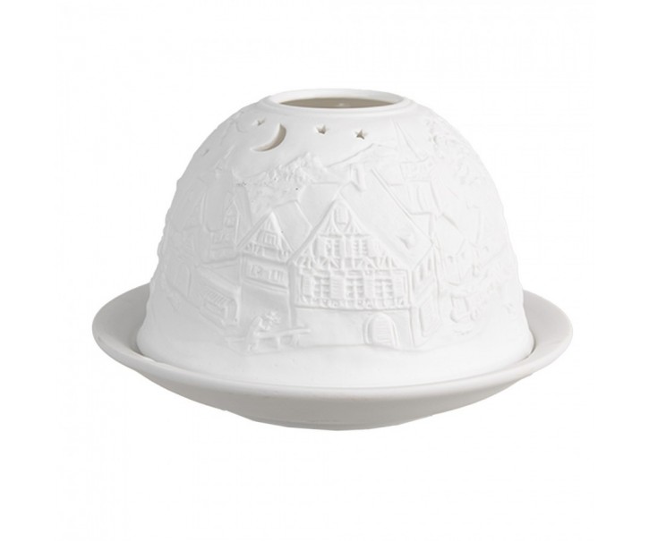 Bílý porcelánový svícen na čajovou svíčku s vánoční vesničkou Paollo - Ø 12 * 8 cm
