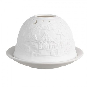 Bílý porcelánový svícen na čajovou svíčku s vánoční vesničkou Paollo - Ø 12 * 8 cm