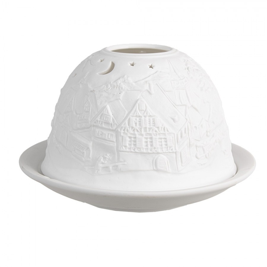 Bílý porcelánový svícen na čajovou svíčku s vánoční vesničkou Paollo - Ø 12 * 8 cm Clayre & Eef