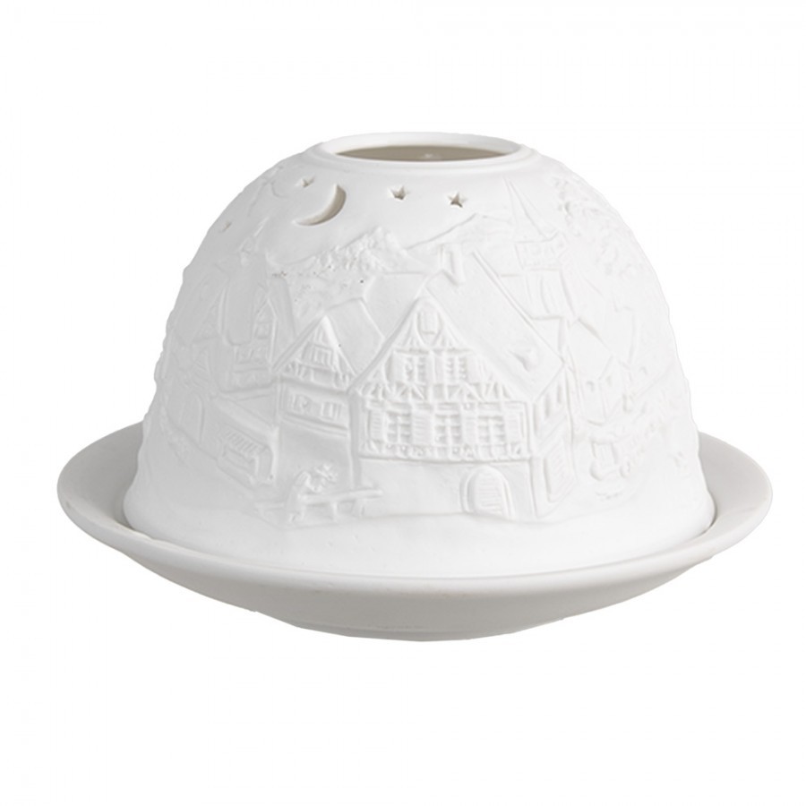 Bílý porcelánový svícen na čajovou svíčku s vánoční vesničkou Paollo - Ø 12 * 8 cm