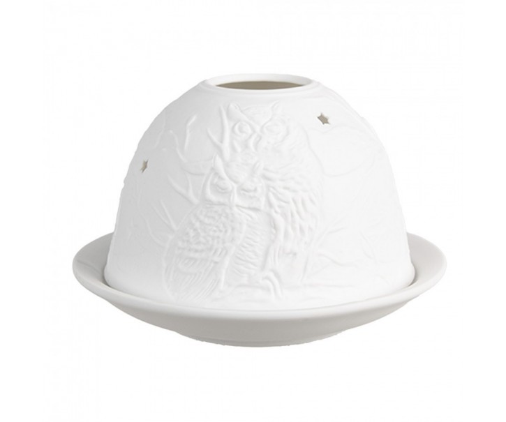 Bílý porcelánový svícen na čajovou svíčku se sovami Paollo - Ø 12*8 cm