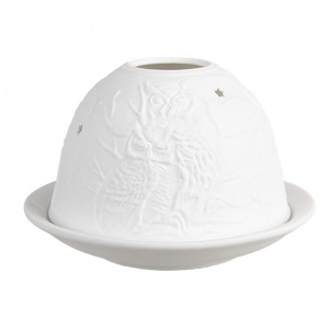 Bílý porcelánový svícen na čajovou svíčku se sovami Paollo - Ø 12*8 cm