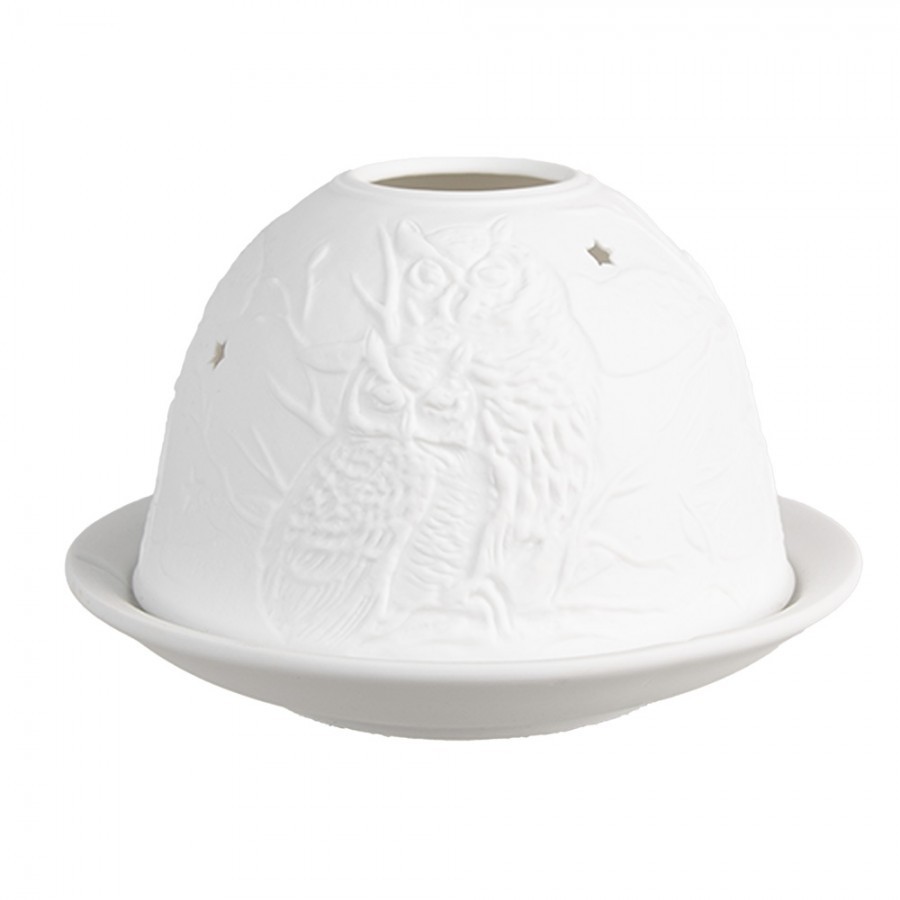 Bílý porcelánový svícen na čajovou svíčku se sovami Paollo - Ø 12*8 cm