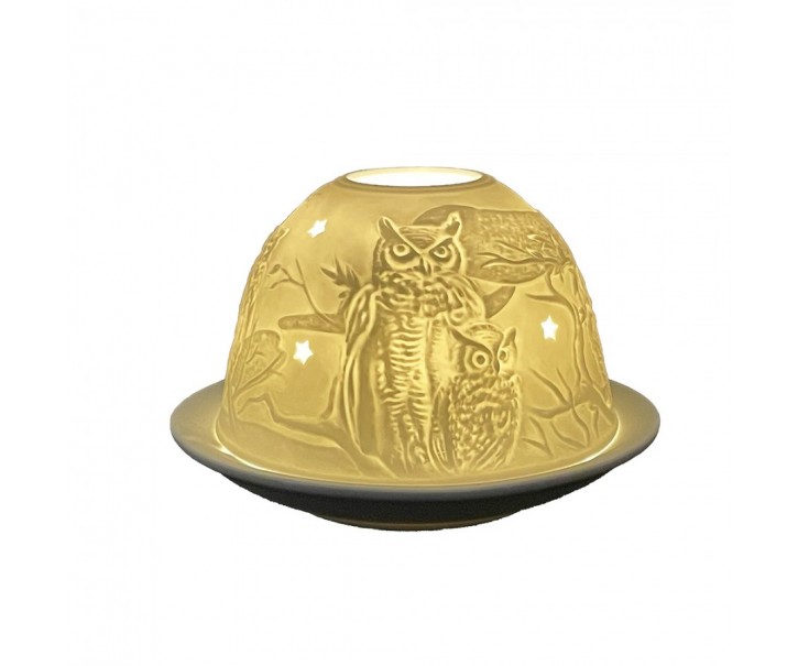 Bílý porcelánový svícen na čajovou svíčku se sovami Paollo - Ø 12*8 cm Clayre & Eef
