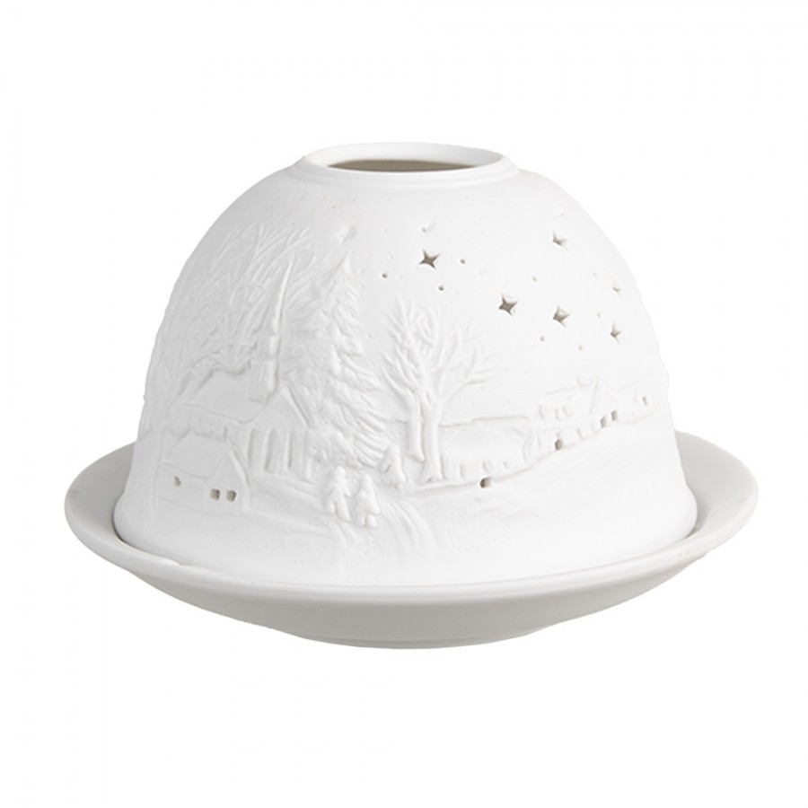 Bílý porcelánový svícen na čajovou svíčku zimní krajina Paollo - Ø 12 * 8 cm