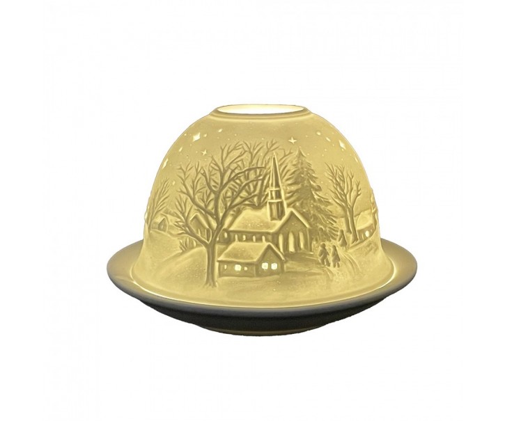Bílý porcelánový svícen na čajovou svíčku zimní krajina Paollo - Ø 12 * 8 cm Clayre & Eef