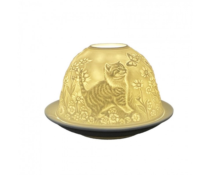 Bílý porcelánový svícen na čajovku s koťátky Paollo - Ø 12 * 8 cm Clayre & Eef