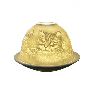 Bílý porcelánový svícen na čajovku kočička s motýlkem Paollo - Ø 12 * 8 cm