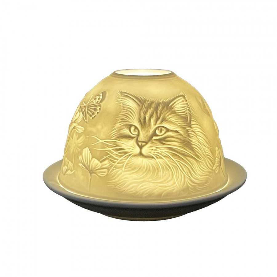 Bílý porcelánový svícen na čajovku kočička s motýlkem Paollo - Ø 12 * 8 cm