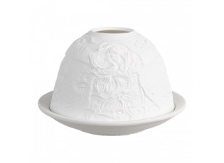 Bílý porcelánový svícen na čajovou svíčku s pejsky na louce Paollo - Ø 12 * 8 cm