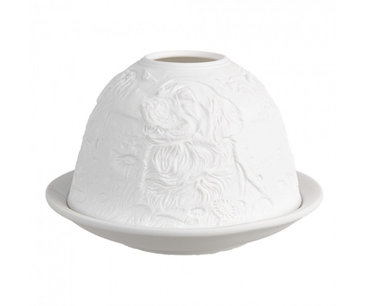 Bílý porcelánový svícen na čajovou svíčku s pejsky na louce Paollo - Ø 12 * 8 cm