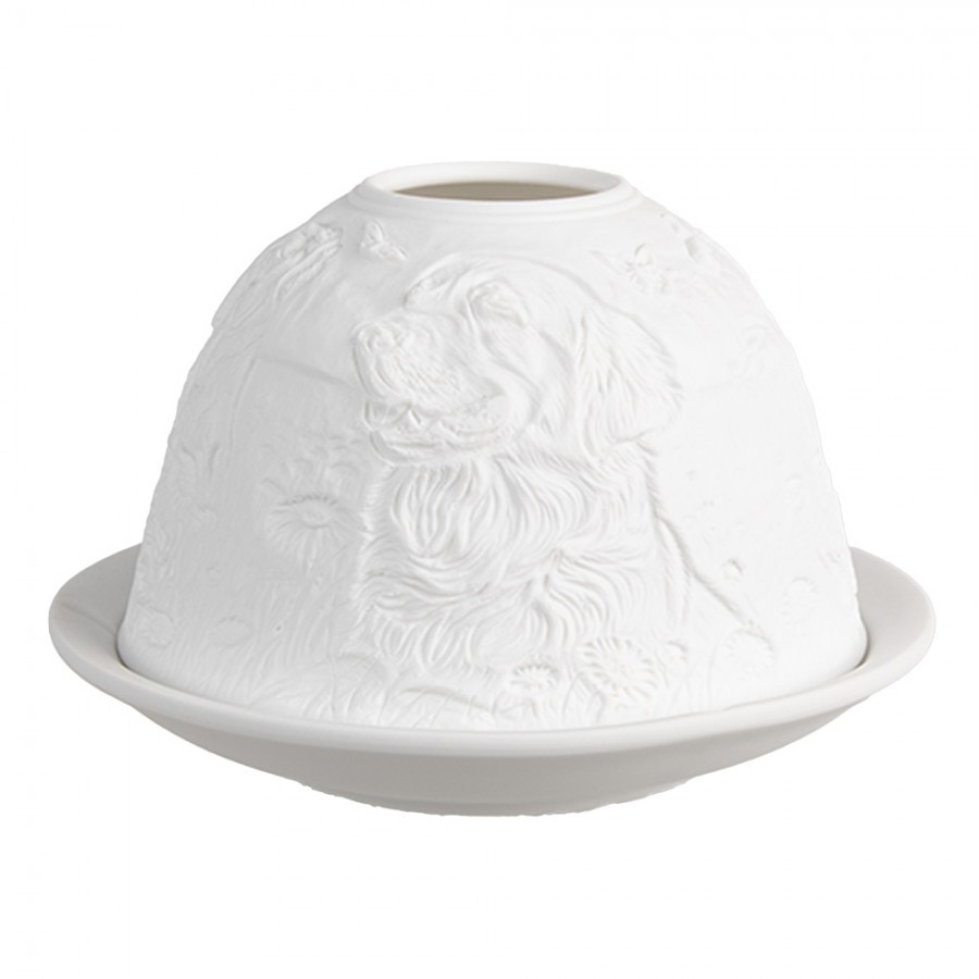 Bílý porcelánový svícen na čajovou svíčku s pejsky na louce Paollo - Ø 12 * 8 cm