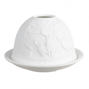 Bílý porcelánový svícen na čajovou svíčku jeleni v lese Paollo - Ø 12 * 8 cm