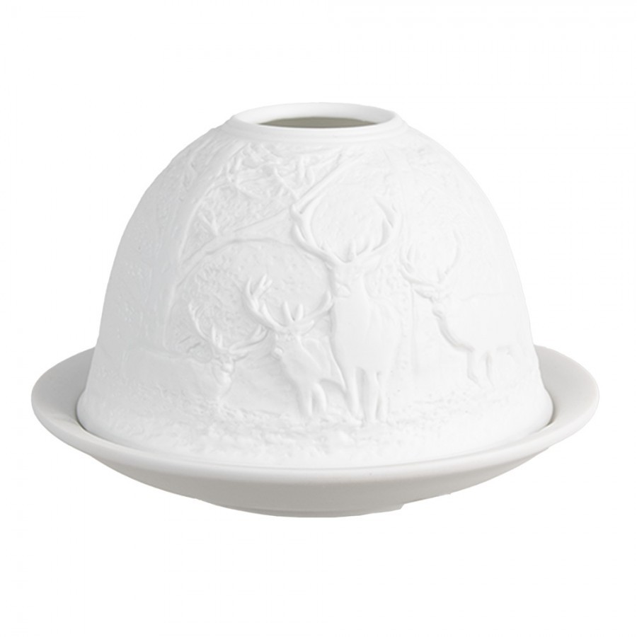 Bílý porcelánový svícen na čajovou svíčku jeleni v lese Paollo - Ø 12 * 8 cm
