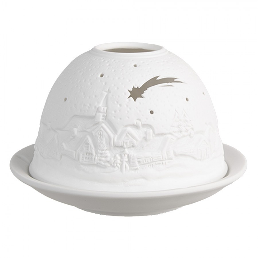 Bílý porcelánový svícen na čajovou svíčku s vánoční vesničkou Paollo - Ø 12 * 8 cm