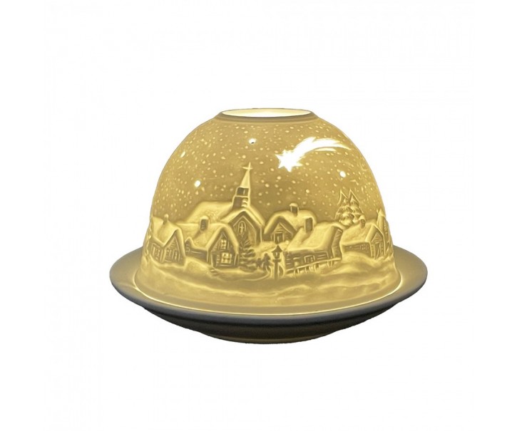 Bílý porcelánový svícen na čajovou svíčku s vánoční vesničkou Paollo - Ø 12 * 8 cm Clayre & Eef