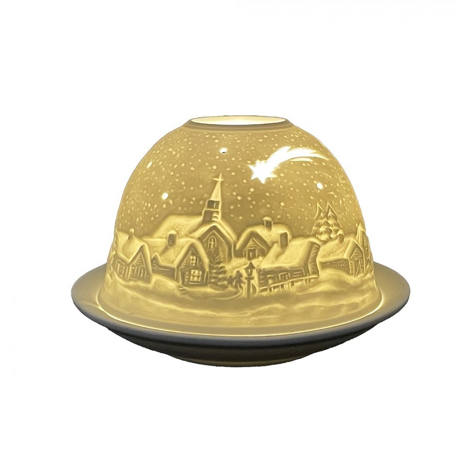 Bílý porcelánový svícen na čajovou svíčku s vánoční vesničkou Paollo - Ø 12 * 8 cm