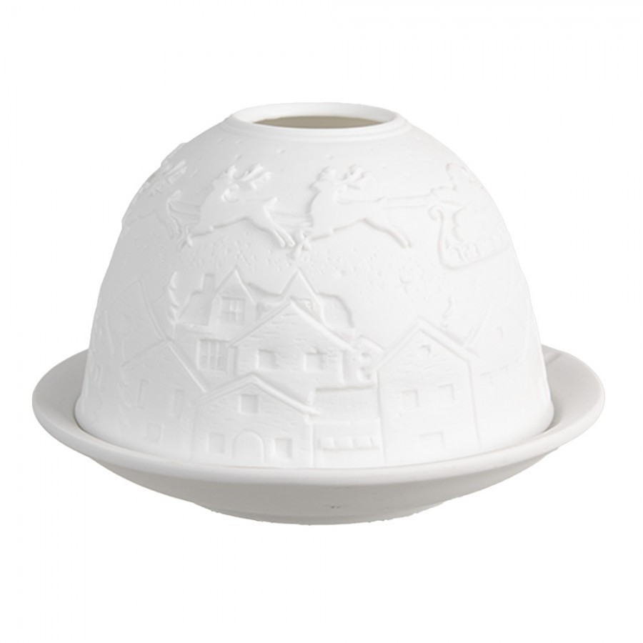 Bílý porcelánový svícen na čajovou svíčku vánoční vesnice Paollo - Ø 12*8 cm