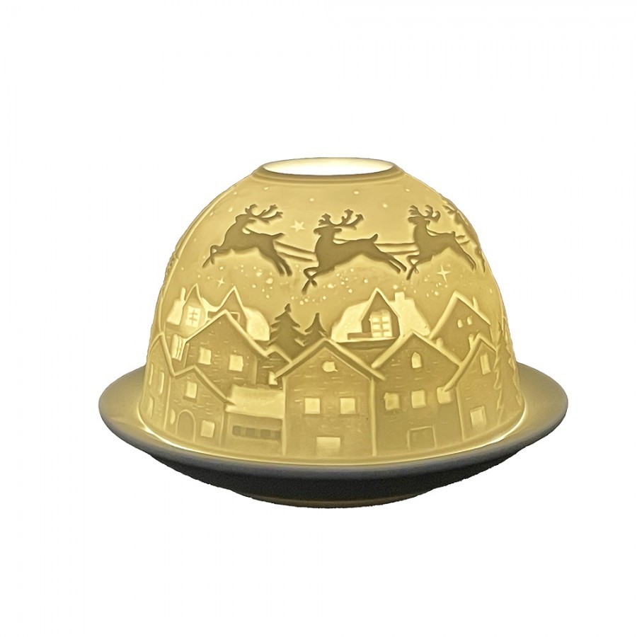 Bílý porcelánový svícen na čajovou svíčku vánoční vesnice Paollo - Ø 12*8 cm