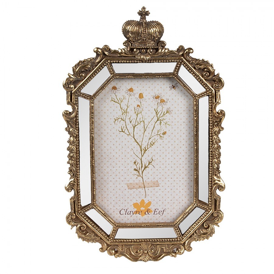 Zlatý antik fotorámeček se zrcátky a korunkou Baroque - 15*3*24 cm / 10*15 cm